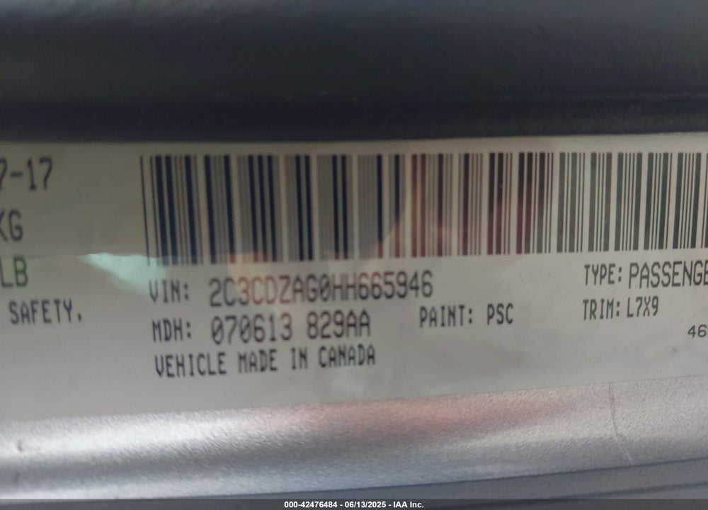 2017 DODGE CHALLENGER VIN: 2C3CDZAG0HH665946