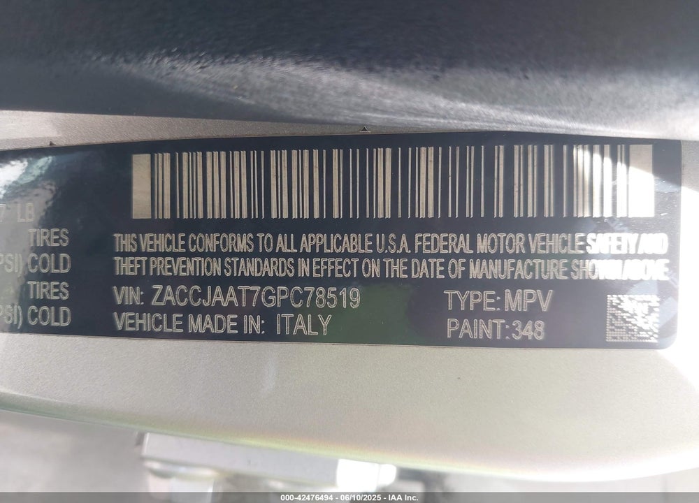 2016 JEEP RENEGADE SPORT VIN: ZACCJAAT7GPC78519