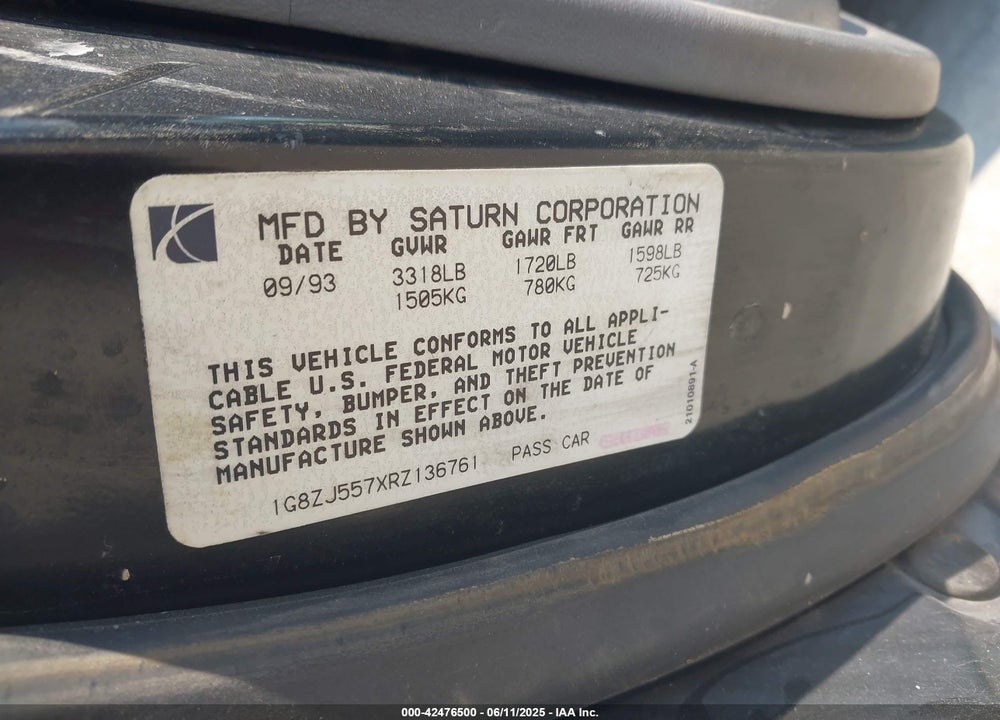 1994 SATURN SL2 VIN: 1G8ZJ557XRZ136761