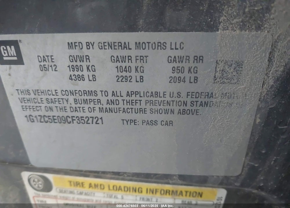 2012 CHEVROLET MALIBU VIN: 1G1ZC5E09CF352721