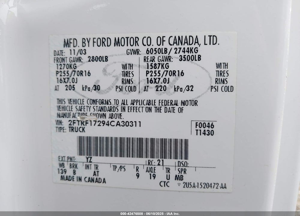2004 FORD F-150 HERITAGE XL/XLT VIN: 2FTRF17294CA30311
