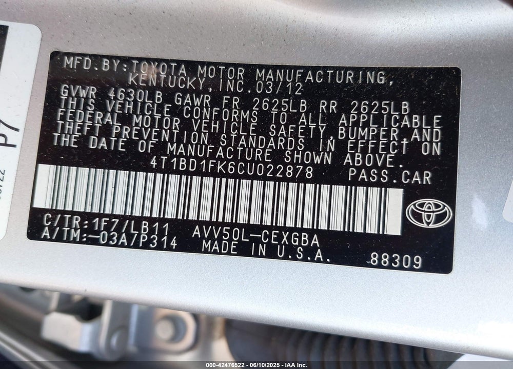2012 TOYOTA CAMRY HYBRID VIN: 4T1BD1FK6CU022878