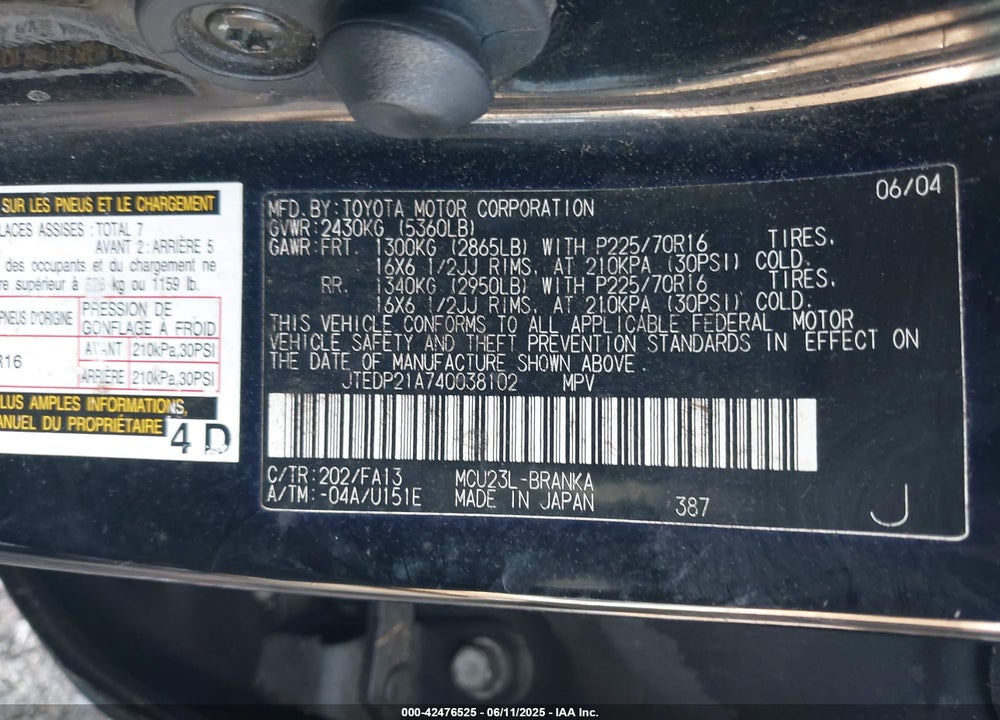 2004 TOYOTA HIGHLANDER V6 VIN: JTEDP21A740038102