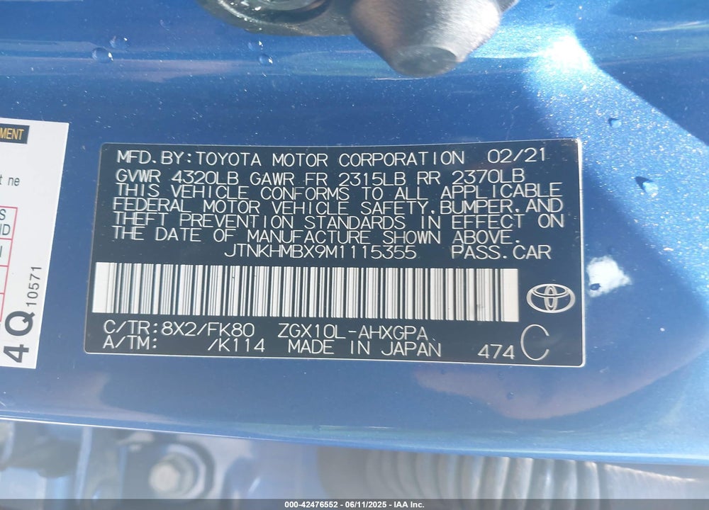 2021 TOYOTA C-HR XLE VIN: JTNKHMBX9M1115355