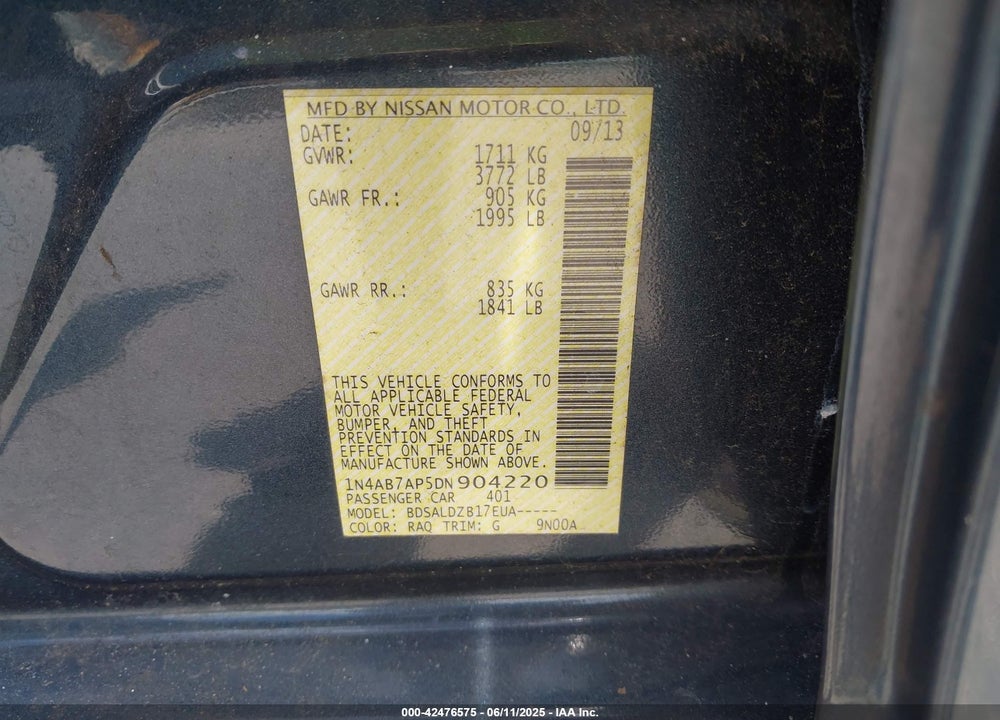 2013 NISSAN SENTRA SV VIN: 1N4AB7AP5DN904220