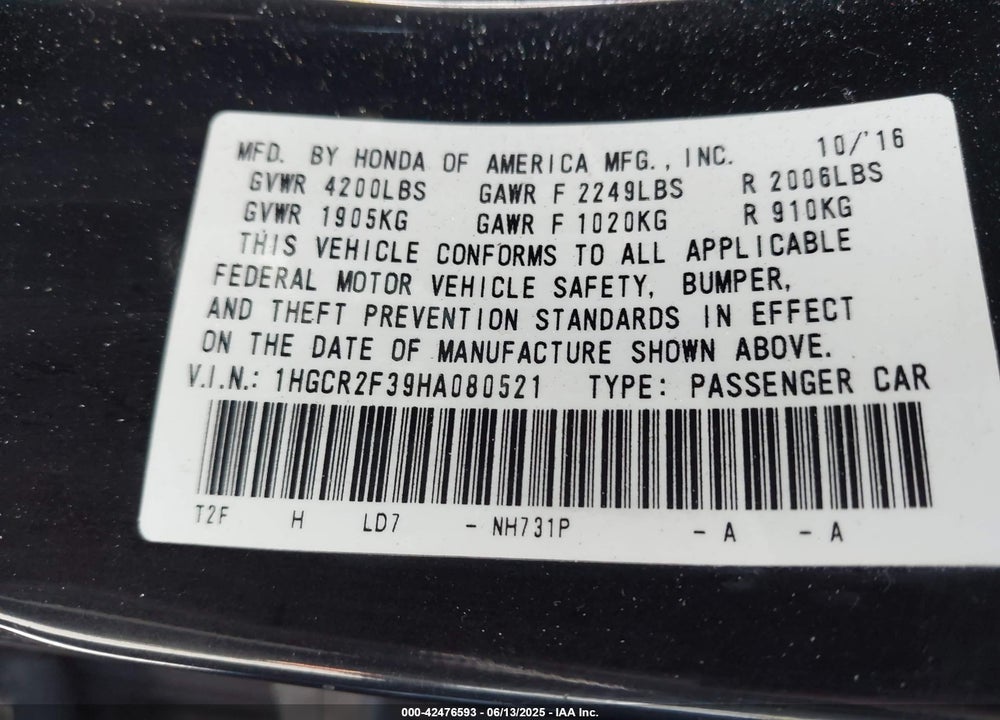 2017 HONDA ACCORD LX VIN: 1HGCR2F39HA080521