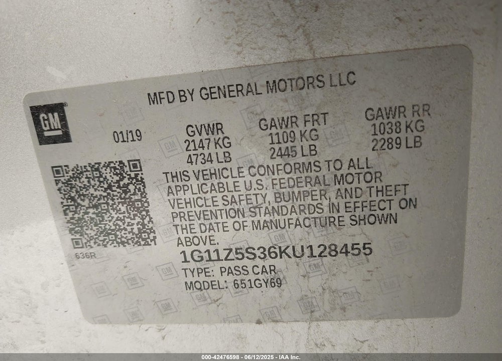 2019 CHEVROLET IMPALA LT VIN: 1G11Z5S36KU128455
