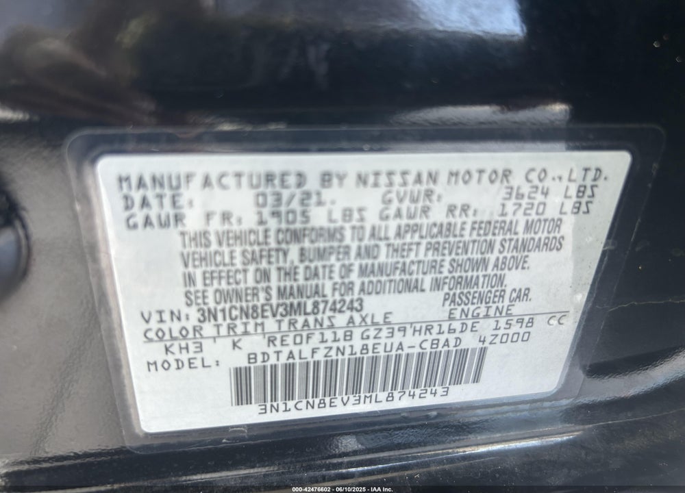 2021 NISSAN VERSA SV XTRONIC CVT VIN: 3N1CN8EV3ML874243