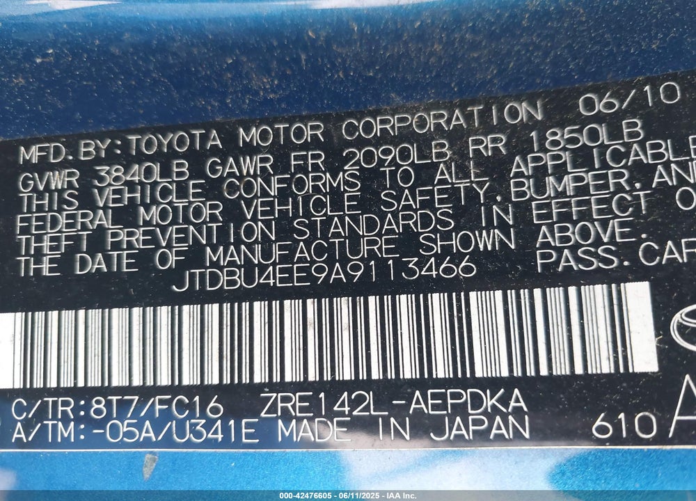 2010 TOYOTA COROLLA VIN: JTDBU4EE9A9113466