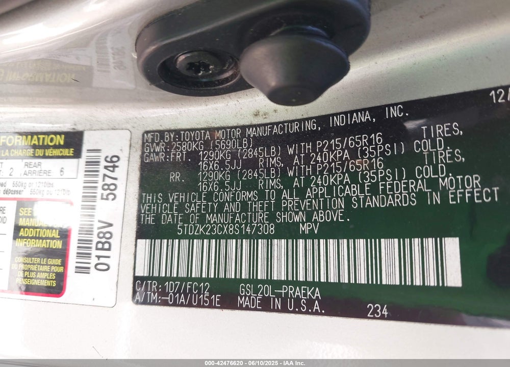 2008 TOYOTA SIENNA LE VIN: 5TDZK23CX8S147308