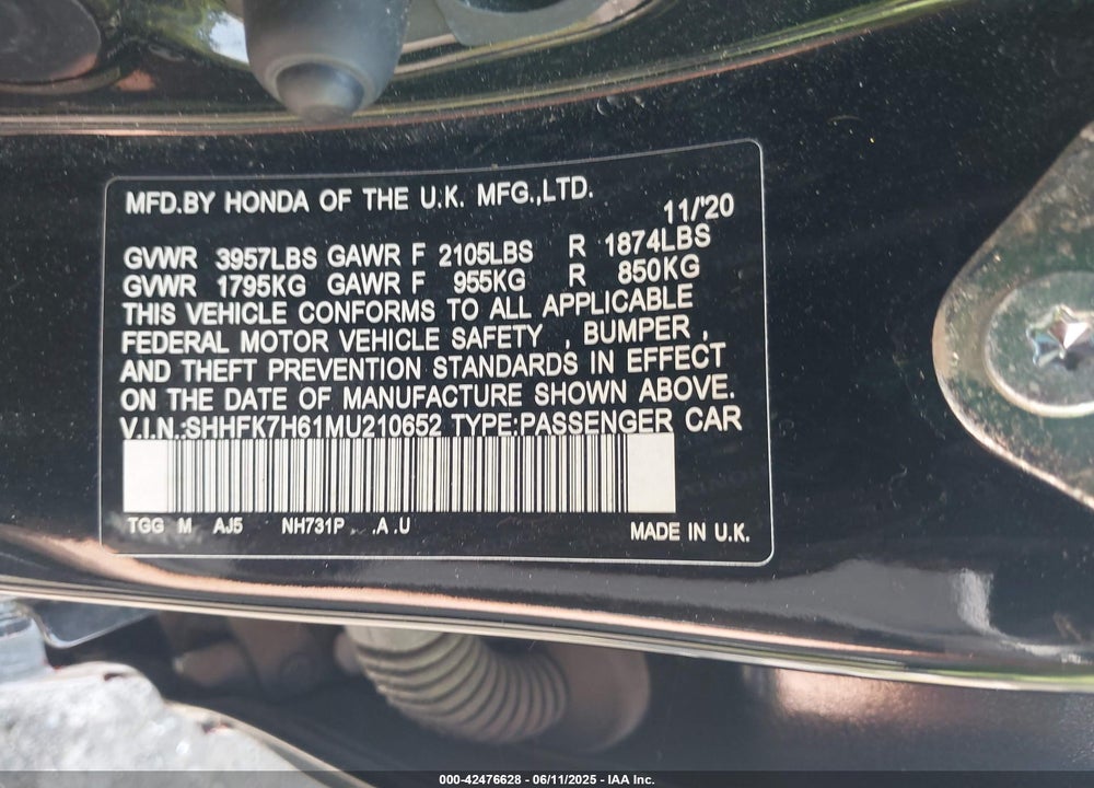 2021 HONDA CIVIC VIN: SHHFK7H61MU210652
