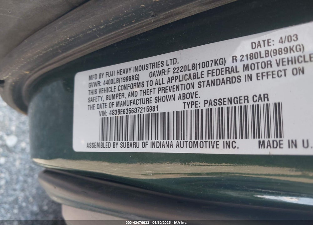 2003 SUBARU LEGACY L/L W/SPECIAL EDITION PACKAGE VIN: 4S3BE635637215981