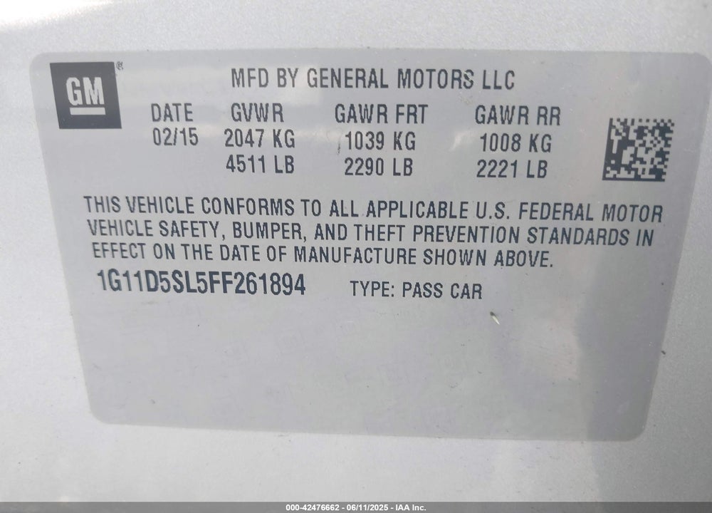 2015 CHEVROLET MALIBU VIN: 1G11D5SL5FF261894