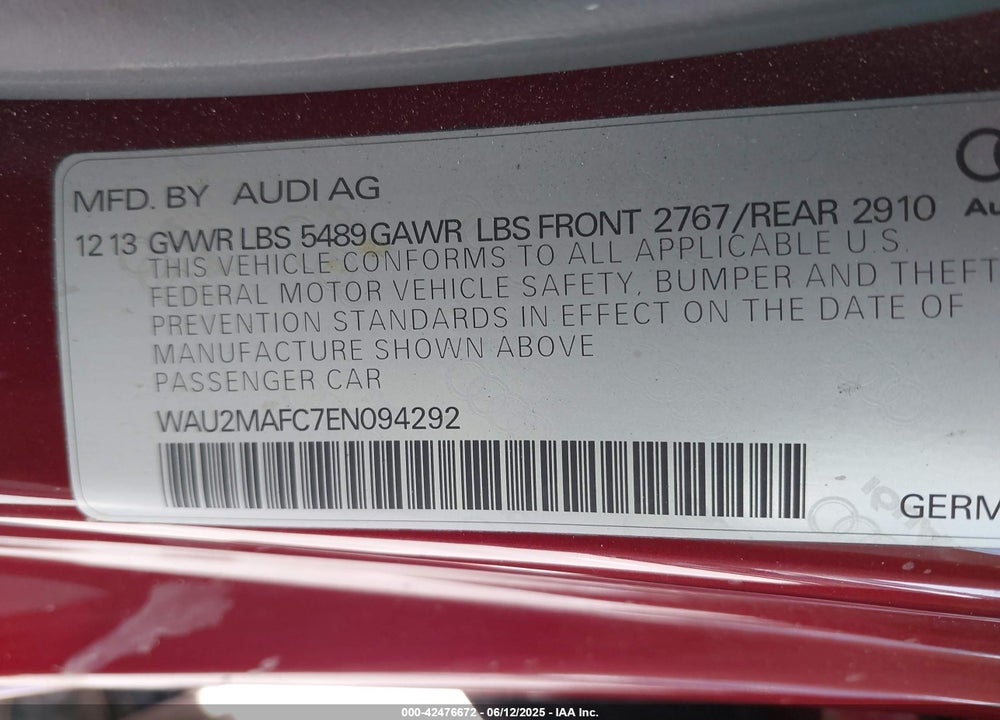 2014 AUDI A7 3.0 TDI PREMIUM PLUS VIN: WAU2MAFC7EN094292