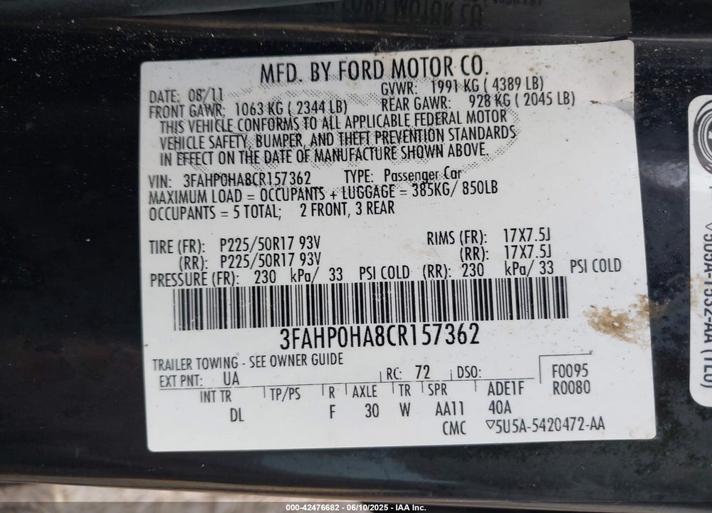2012 FORD FUSION SE VIN: 3FAHP0HA8CR157362