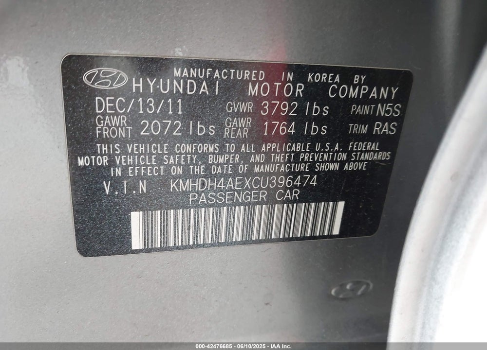 2012 HYUNDAI ELANTRA VIN: KMHDH4AEXCU396474