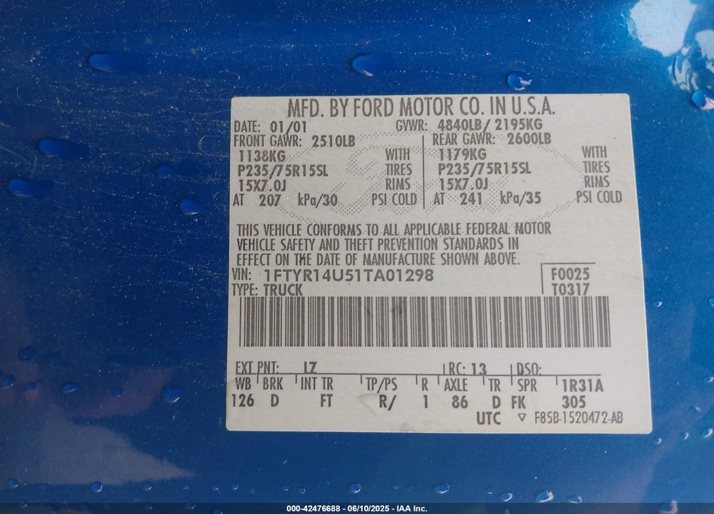 2001 FORD RANGER EDGE/XL/XLT VIN: 1FTYR14U51TA01298