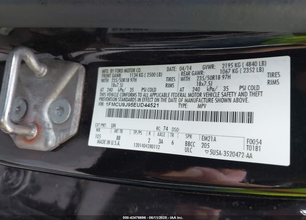2014 FORD ESCAPE TITANIUM VIN: 1FMCU9J95EUD44521