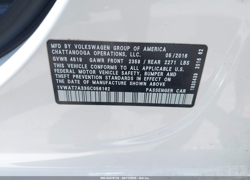 2016 VOLKSWAGEN PASSAT VIN: 1VWAT7A33GC056162