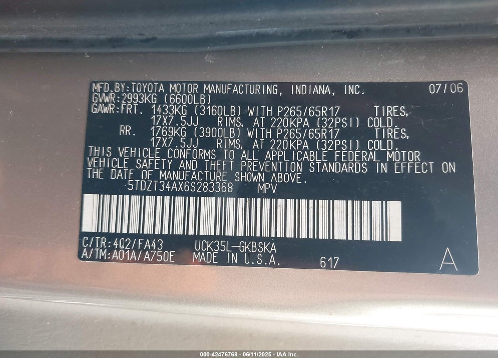 2006 TOYOTA SEQUOIA SR5 V8 VIN: 5TDZT34AX6S283368