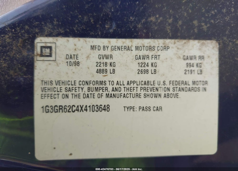 1999 OLDSMOBILE AURORA VIN: 1G3GR62C4X4103648