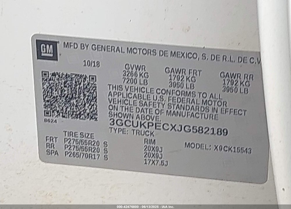 2018 CHEVROLET SILVERADO 1500 VIN: 3GCUKPECXJG582189