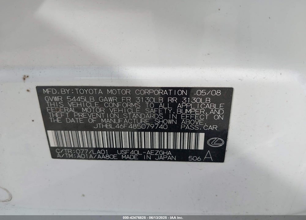 2008 LEXUS LS 460 VIN: JTHBL46F485079740