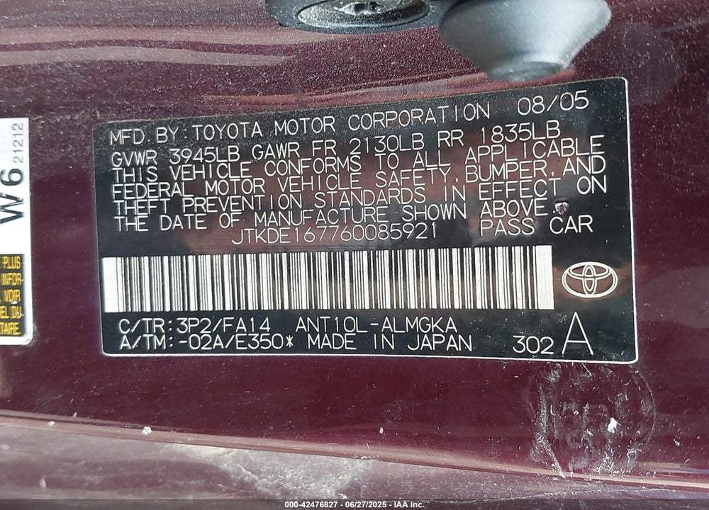 2006 SCION TC VIN: JTKDE167760085921