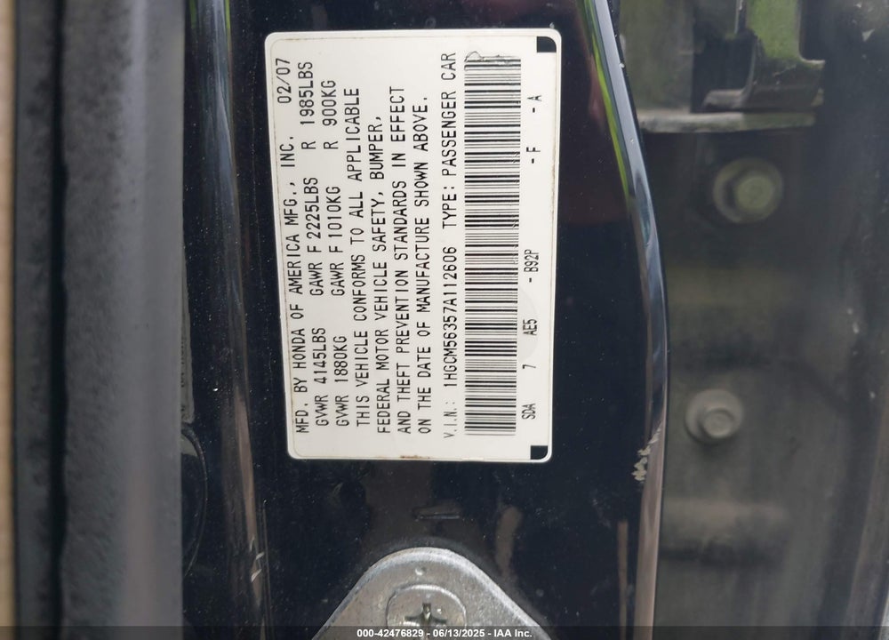 2007 HONDA ACCORD VIN: 1HGCM56357A112606