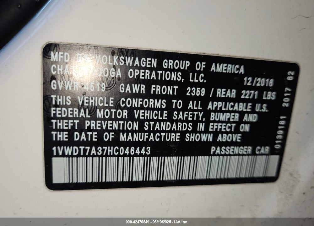2017 VOLKSWAGEN PASSAT 1.8T R-LINE VIN: 1VWDT7A37HC046443
