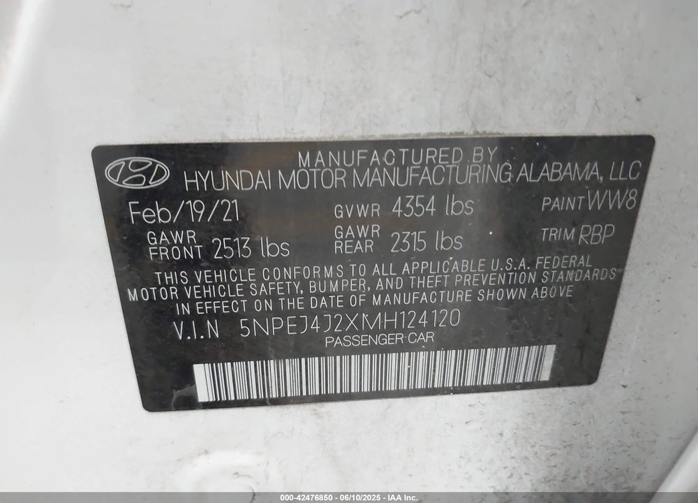 2021 HYUNDAI SONATA VIN: 5NPEJ4J2XMH124120