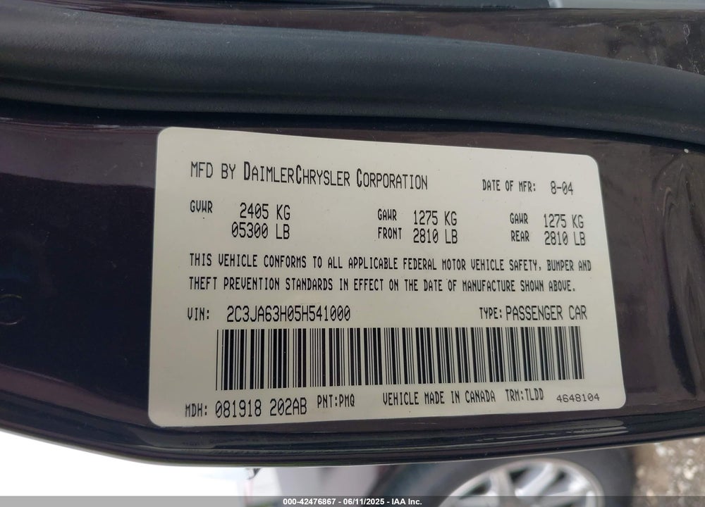 2005 CHRYSLER 300C VIN: 2C3JA63H05H541000