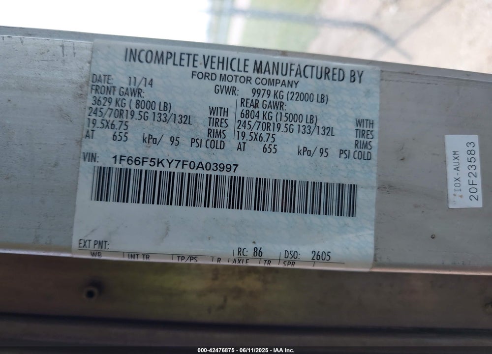 2015 FORD F-59 COMMERCIAL STRIPPED VIN: 1F66F5KY7F0A03997