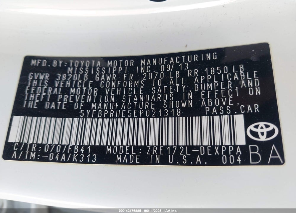 2014 TOYOTA COROLLA LE ECO PLUS VIN: 5YFBPRHE5EP021318