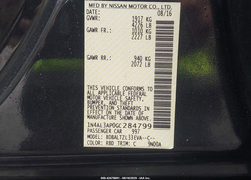 2016 NISSAN ALTIMA VIN: 1N4AL3AP0GC284799