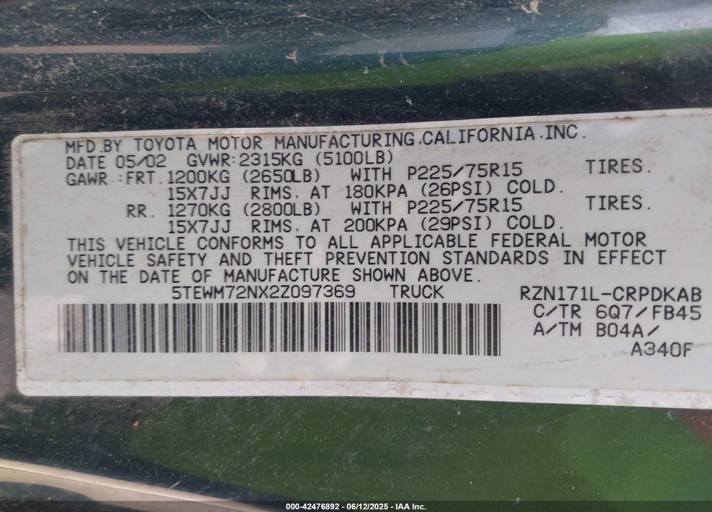 2002 TOYOTA TACOMA VIN: 5TEWM72NX2Z097369