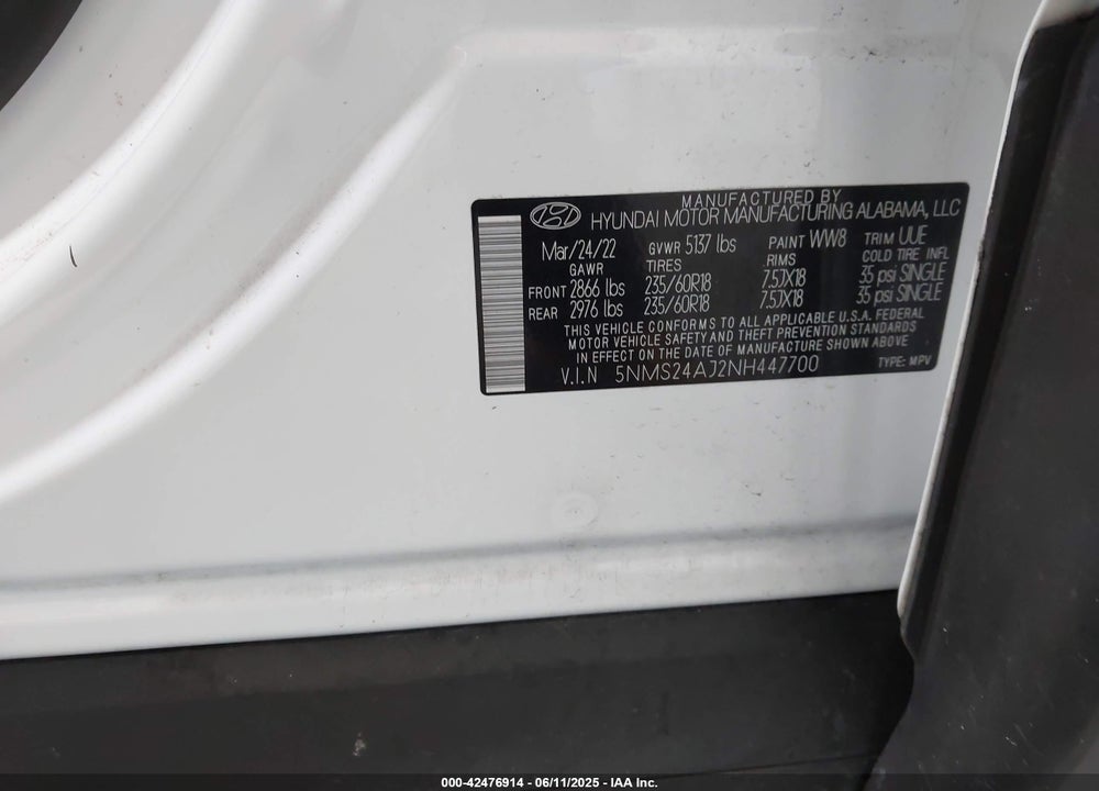 2022 HYUNDAI SANTA FE SEL VIN: 5NMS24AJ2NH447700