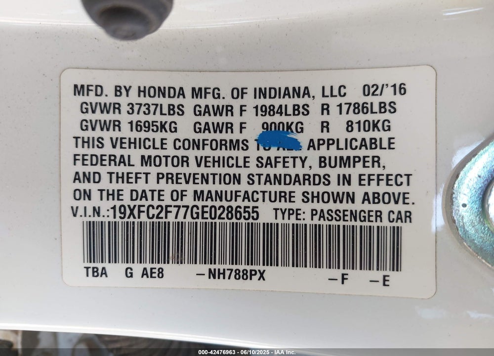 2016 HONDA CIVIC VIN: 19XFC2F77GE028655