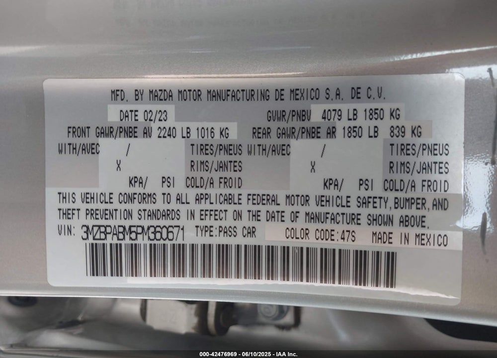 2023 MAZDA 3 2.5 S SELECT VIN: 3MZBPABM5PM360671