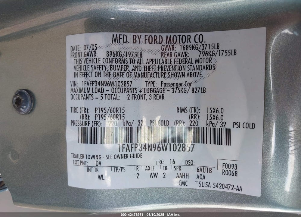 2006 FORD FOCUS ZX4 VIN: 1FAFP34N96W102857