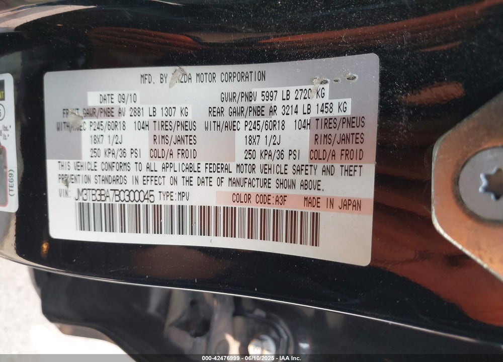 2011 MAZDA CX-9 VIN: JM3TB3BA7B0300045