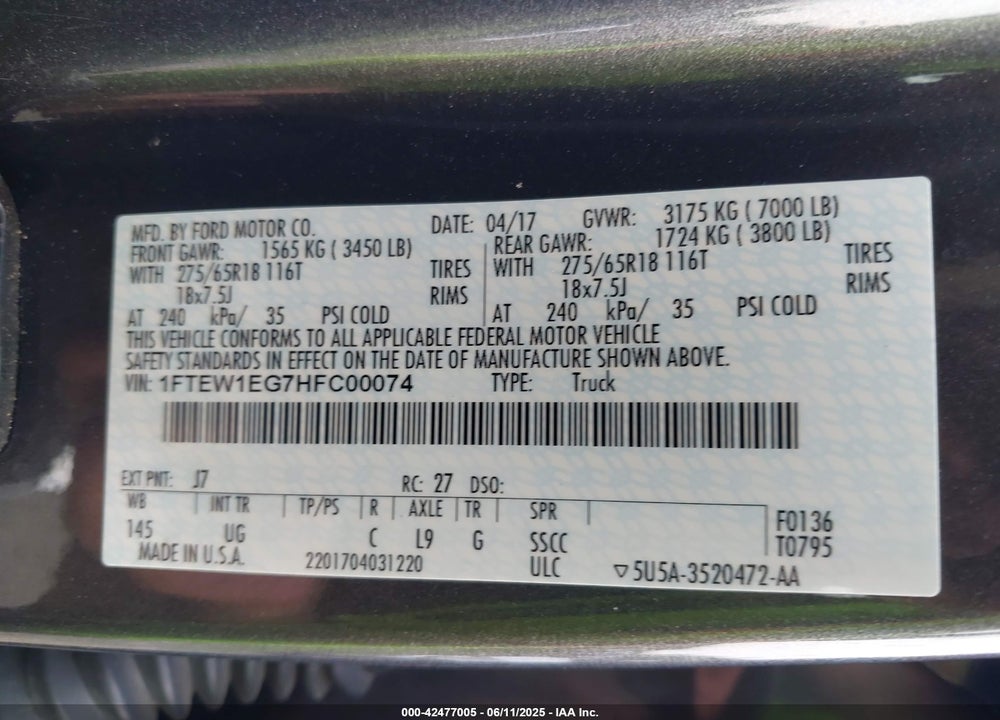 2017 FORD F-150 XLT VIN: 1FTEW1EG7HFC00074