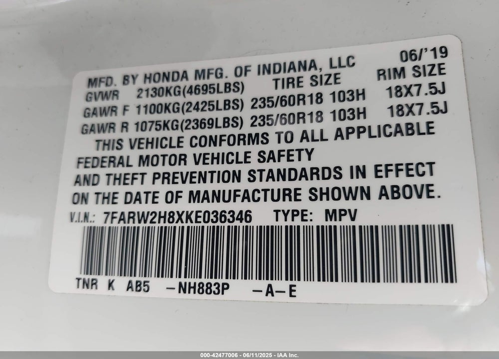2019 HONDA CR-V VIN: 7FARW2H8XKE036346