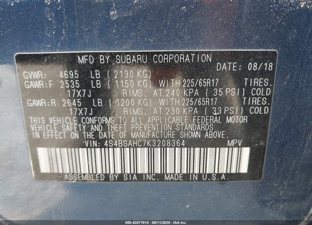 2019 SUBARU OUTBACK VIN: 4S4BSAHC7K3208364