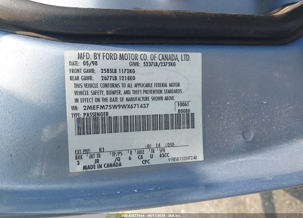 1998 MERCURY GRAND MARQUIS VIN: 2MEFM75W9WX671437