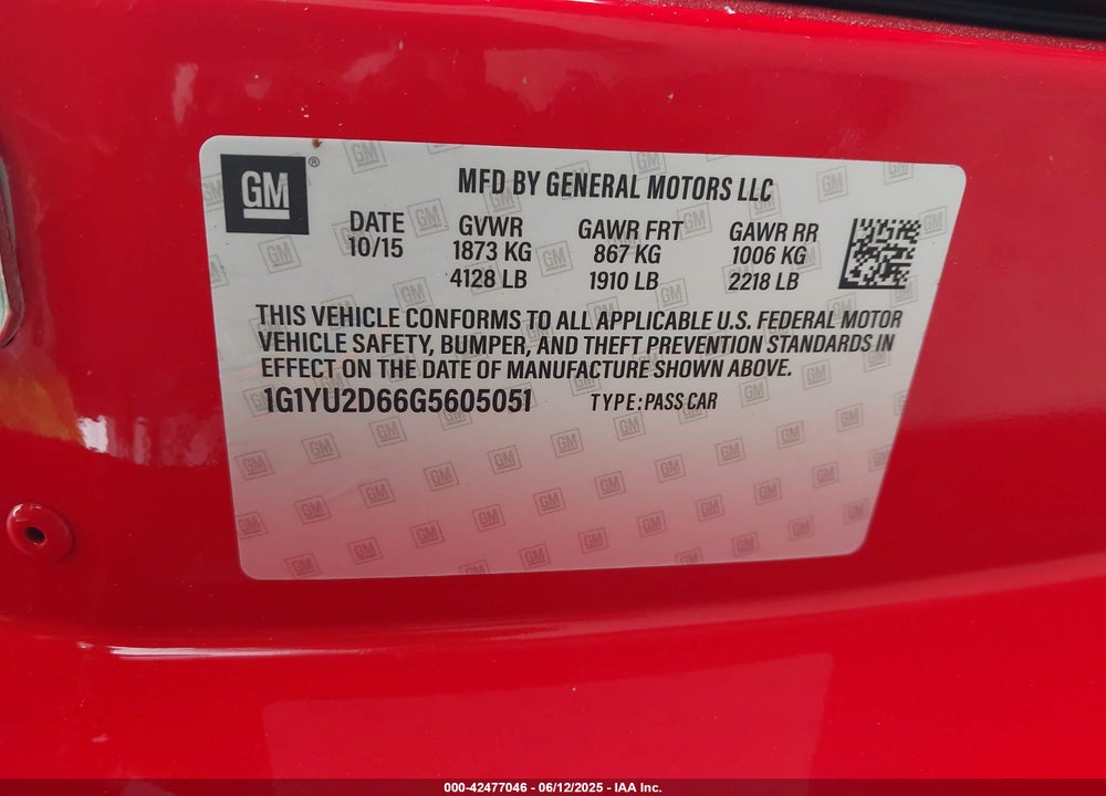 2016 CHEVROLET CORVETTE VIN: 1G1YU2D66G5605051