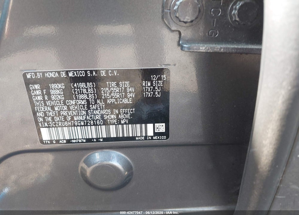 2016 HONDA HR-V EX-L VIN: 3CZRU6H79GM728160