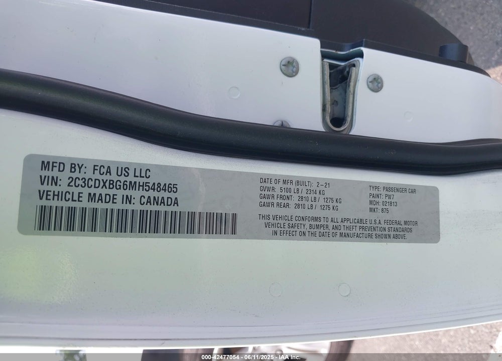 2021 DODGE CHARGER VIN: 2C3CDXBG6MH548465