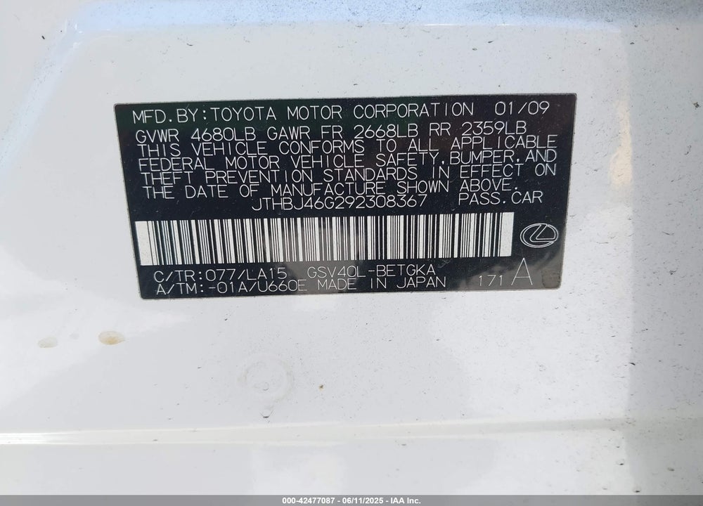2009 LEXUS ES 350 VIN: JTHBJ46G292308367