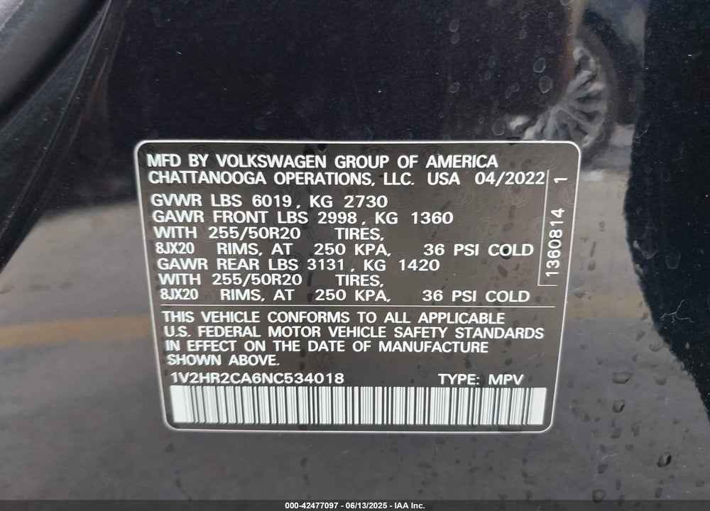2022 VOLKSWAGEN ATLAS 3.6L V6 SE W/TECHNOLOGY VIN: 1V2HR2CA6NC534018